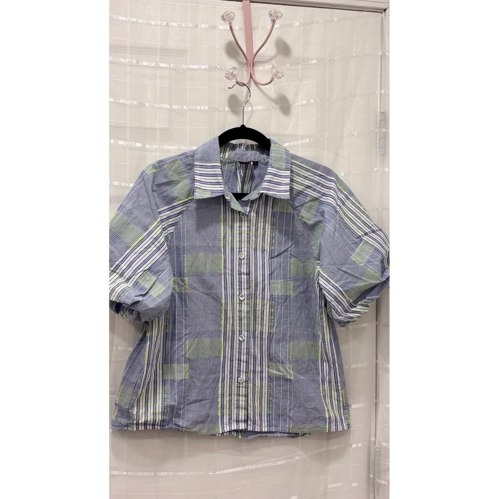 Lior Paris Women‎ Blue Striped Patchwork Button Down Shirt Short Sleeve Cotton S